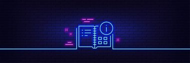 Neon ışık efekti. Komut bilgi satırı simgesi. Teknik bilgi işareti. 3D çizgi neon ışıklı ikon. Tuğla duvar afişi. Talimat bilgileri özeti. Vektör