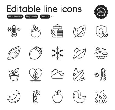 Doğa ana hatları simgeleri. Kaju fıstığı, ateş enerjisi ve ayçiçeği tohumu elementleri gibi ikonlar içerir. Bulutlu hava, su bardağı, Apple web tabelaları. Kar tanesi, termometre, seyyar deniz elementleri. Vektör
