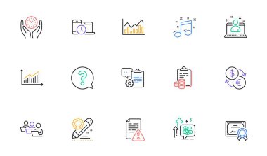 Web sitesi, baskı için takım çalışması, zaman yönetimi ve müzikal not satırı simgeleri. Sertifika Koleksiyonu, Güvenli Zaman, Bilgi Haritası simgeleri. En iyi yönetici, soru işareti, kullanım kılavuzu web elemanları. Vektör