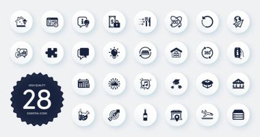 Ampul, şapka fırlatma ve düz nota simgeleri gibi iş simgeleri. Bilgi uygulaması, lamba, Atlıkarınca web elementleri. Seo istatistikleri, yatak, bulut ağı işaretleri. Web zamanlayıcısı. Vektör