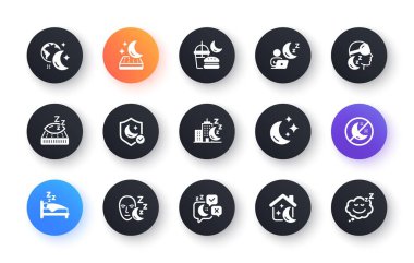 Sleep icons. Sleeping pillow, Night bed and Insomnia sleeplessness. Bedroom rest mattress, Zzz snooze and Pillows with feather icons. Sleeping mask, Alarm clock and Human sleep in bed. Vector