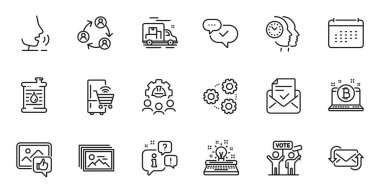 Web uygulaması için daktilo, onaylanmış ve yağlı varil hattı simgeleri. Konuşma, bilgi, teslimat kamyonu taslak ikonu. Takvim, Gears, Resim galerisi simgelerini dahil et. Vektör