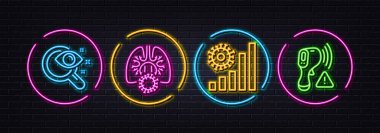 Coronavirus ciğerleri, Coronavirus istatistikleri ve Vizyon testleri minimal çizgi simgeleri. Neon lazer 3D ışıklar. Elektronik termometre simgeleri. İnternet, uygulama, baskı için. Vektör