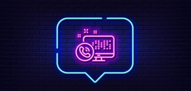 Neon ışığı konuşma balonu. Web çağrı merkezi servis hattı simgesi. Telefon destek levhası. Geri bildirim sembolü. Neon ışıklı arka plan. Web sitesi parıltı hattı. Tuğla duvar afişi. Vektör