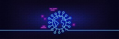 Neon ışık efekti. Coronavirus pandemik çizgi ikonu. Covid-19 küresel virüs işareti. Corona virüsü sembolü. 3D çizgi neon ışıklı ikon. Tuğla duvar afişi. Coronavirus taslağı. Vektör