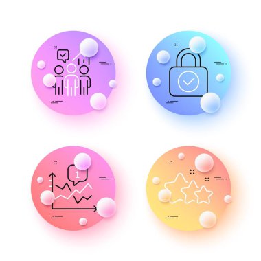 Yıldızlar, iş istatistikleri ve güvenlik en düşük çizgi simgelerini kilitliyor. 3 boyutlu küreler ya da top düğmeleri. Grafik simgeleri. İnternet, uygulama, baskı için. Rütbeli yıldızlar, çalışma raporu, siber koruma. Vektör