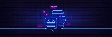 Neon ışık efekti. Yemek siparişi ikonu. Yemek teslimatı uygulaması tabelası. Çevrimiçi yemek servisi sembolü. 3D çizgi neon ışıklı ikon. Tuğla duvar afişi. Yemek siparişi özeti. Vektör