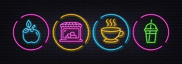 Eco Voedsel Koffie Kopje Markt Minimale Lijn Pictogrammen Neon Laser — Stockvector