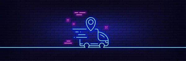 Neon Licht Gloed Effect Levering Truck Lijn Pictogram Koerier Locatie — Stockvector