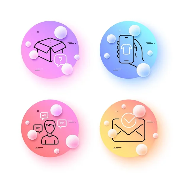 stock vector Secret package, Shop app and Conversation messages minimal line icons. 3d spheres or balls buttons. Approved mail icons. For web, application, printing. Vector