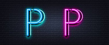 Initial letter P icon. Neon light line effect. Line typography character sign. Large first font letter. Glowing neon light element. Letter P glow 3d line. Brick wall banner. Vector