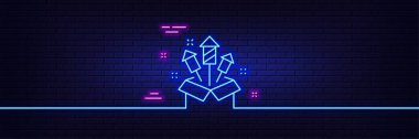 Neon ışık efekti. Havai fişek roket hattı ikonu. Piroteknik selam işareti. Karnaval ışıkları sembolü. 3D çizgi neon ışıklı ikon. Tuğla duvar afişi. Havai fişeklerin ana hatları. Vektör