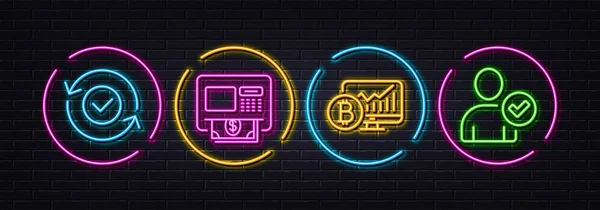 Bitcoin Gráfico Seguridad Confirmada Atm Iconos Línea Mínima Luces Láser — Archivo Imágenes Vectoriales