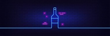 Neon ışık efekti. Şarap şişesi çizgisi ikonu. Merlot ya da Cabernet Sauvignon işareti. 3D çizgi neon ışıklı ikon. Tuğla duvar afişi. Şarap taslağı. Vektör