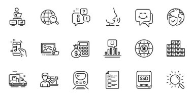 Web uygulaması için Arama, Çalışma ve Çalışma ev satırı simgelerinin ana hatları. Konuşma, bilgi, teslimat kamyonu taslak ikonu. Fotoğraf stüdyosunu, hesap makinesini, internet arama simgelerini dahil et. Vektör