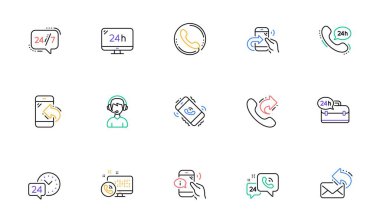 Satır simgeleri işleniyor. Çağrı merkezi, Destek ve Sohbet mesajı. 24 saat hizmet doğrusal simgesi Bicolor ana hatlarını web elemanlarına ayarlayın. Vektör