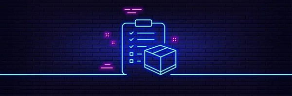 Neon Licht Gloed Effect Pakket Checklist Lijn Pictogram Logistiek Controlebord — Stockvector