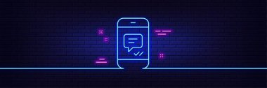 Neon ışık efekti. Telefon Mesaj Hattı simgesi. Mobil sohbet işareti. Konuşma ya da SMS sembolü. 3D çizgi neon ışıklı ikon. Tuğla duvar afişi. Mesaj özeti. Vektör