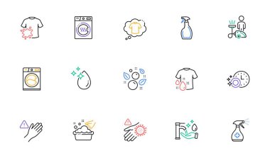 Çamaşır makinesi, kurutma makinesi ve web sitesi ve baskı için çamaşır makinesi simgeleri. Yıkama tişörtü koleksiyonu, el yıkama, su damlası ikonları. Bulaşık makinesi zamanlayıcısı, kirli tişört. Vektör