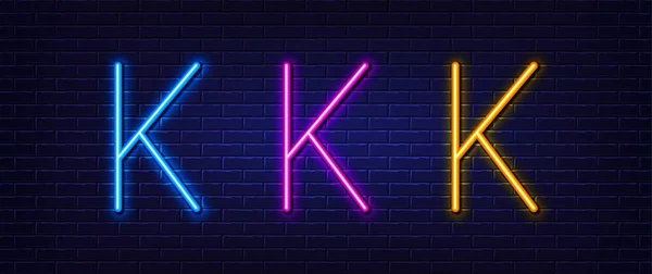 初始字母K图标 霓虹灯光谱线效应 线条排字符号 大的第一字体字母 发光的霓虹灯 字母K发光3D线 砖墙横幅 — 图库矢量图片