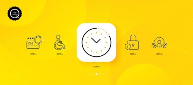 Kilit, Zaman Yönetimi ve Engelli çizgi simgeleri. Sarı soyut arkaplan. İş hedefleme, ödeme koruma ikonları. İnternet, uygulama, baskı için. Vektör