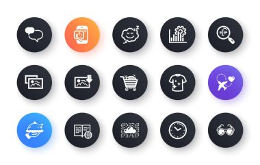 Çok az arama metni, Sohbet mesajı ve mobil ağ geliştirme simgesi gibi. Zaman, bulut sistemi, Seo grafik simgeleri. Alışveriş arabası, temiz tişört, yemek dağıtım ağı elementleri. Vektör