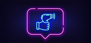 Neon light speech bubble. Electronic thermometer line icon. Temperature scanner sign. Fever measuring symbol. Neon light background. Electronic thermometer glow line. Brick wall banner. Vector