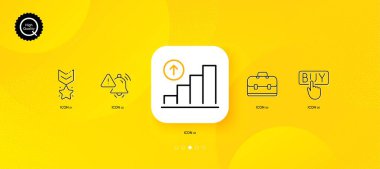 Satın alma, Dikkat Çanı ve Grafik çizelgesi simgeleri en düşük seviyede. Sarı soyut arkaplan. Portföy, madalya ikonları. İnternet, uygulama, baskı için. Vektör
