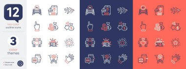 Klik el, Kredi ve El çizgisi simgeleri. Twinkle Star, madeni paralar, alışveriş arabası ikonları dahil. Dağıtım, Aşk Çifti, Yemek siparişi web elementleri. Sınırları kapatın, Uçak, Gıda Uygulaması. Vektör