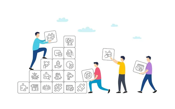 Puzzlezeilen Symbole Menschen Teamwork Konzept Jigsaw Challenge Zeit Unternehmensstrategie Puzzleteile — Stockvektor