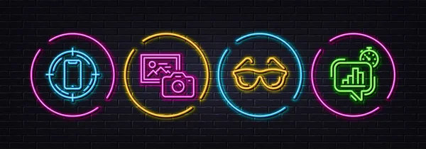 Fotokamera Smartphone Zielscheibe Und Brille Sind Minimale Zeilensymbole Neon Laser — Stockvektor