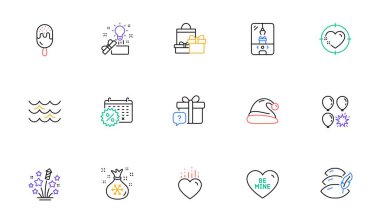 Turna pençesi makinesi, Kalp ve Havai fişek yıldız çizgileri web sitesi ve baskı için simgeler. Yastık koleksiyonu, takvim indirimleri, dondurma ikonları. Kalp hedefi, benim ol, gizli hediye ağı elementleri. Vektör