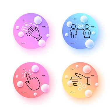 Bağış parası, Touchpoint ve sosyal uzaklık çizgisi simgeleri. 3 boyutlu küreler ya da top düğmeleri. El çırpma simgeleri. İnternet, uygulama, baskı için. Vergi parası, dokunma teknolojisi, karantina. Vektör