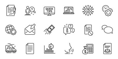 Rapor zamanlayıcısının ana hatları, Finans hesap makinesi ve web uygulaması için yanlış dosya satırı simgeleri. Konuşma, bilgi, teslimat kamyonu taslak ikonu. Hızlı ödeme, Globe, grafik dizüstü bilgisayar simgeleri dahil. Vektör