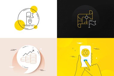 Bayrak, Büyüme grafiği ve ikili kod satırı simgelerinin minimum kümesi. Telefon ekranı, tırnak işareti. Hedef bayrak simgeleri. Web gelişimi için. Konum belirleyici, para kazanma, siber sahtekarlık. Vektör