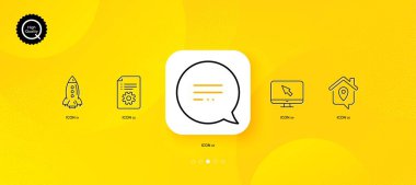 Kısa mesaj, teknik belgeler ve internet minimal satır simgeleri. Sarı soyut arkaplan. Rocket, ev ikonları üzerinde çalış. İnternet, uygulama, baskı için. Vektör
