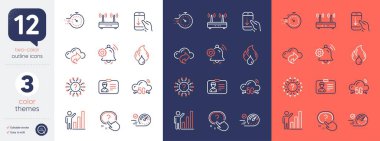 Grafik çizelgesi seti, 5g bulut ve Wifi çizgi simgeleri. Bildirim zili, Bulut paylaşımı, soru işareti simgeleri dahil. Kimlik kartı, aşağı kaydır, Soru düğmesi web ögeleri. Zamanlayıcı. Vektör