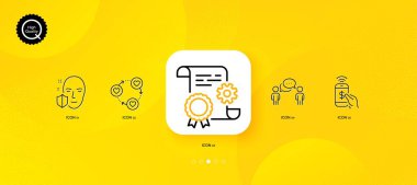 Arkadaş topluluğu, Danışmanlık, İşletme ve İnşaat belgesi asgari çizgi simgeleri. Sarı soyut arkaplan. Yüz koruması, telefon ödeme ikonları. İnternet, uygulama, baskı için. Vektör