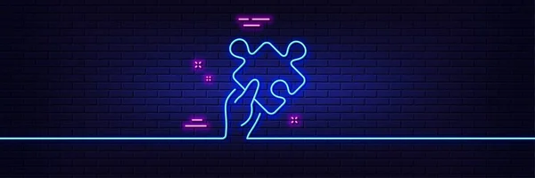 Neon Licht Gloed Effect Geef Puzzel Lijn Icoon Houd Jigsaw — Stockvector