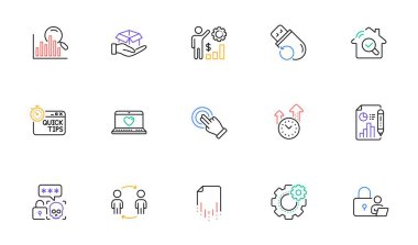 Hızlı ipuçları, Kurtarma dosyası ve web sitesi için dokunmatik ekran jest çizgisi simgeleri, yazdırma. Cogwheel Koleksiyonu, Teftiş, Web aşk simgeleri. Çalışanların serveti, iş akışı, kutu ağı unsurları. Vektör