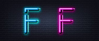 İlk harf F simgesi. Neon ışığı çizgisi etkisi. Çizgi tipografi karakteri işareti. Büyük bir yazı tipi harfi. Parlayan neon ışığı elementi. F harfi 3D parlıyor. Tuğla duvar afişi. Vektör