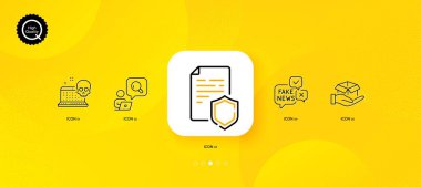 Siber saldırı, sahte haberler ve veri güvenliği minimal hat simgeleri. Sarı soyut arkaplan. Kutuyu tutun, simgeleri inceleyin. İnternet, uygulama, baskı için. Bilgisayar korsanlığı, yanlış gerçek, güvenli belge. Vektör