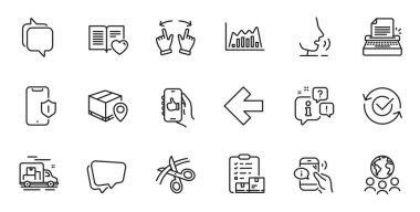 Ulak, Çağrı Merkezi ve web uygulaması için Infographic grafik çizelgesi simgelerinin ana hatları. Konuşma, bilgi, teslimat kamyonu taslak ikonu. Küresel işleri, daktiloyu, uygulama simgeleri gibi içerir. Vektör