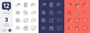 Kontrol Listesi, Hızlı ipuçları ve Kar Tanesi çizgi simgeleri. Yağmurlu havayı, döviz kurunu, 5 gramlık internet simgelerini içerir. Elektronik termometre, bulut iletişimi, 24 saatlik ağ elementleri. Vektör