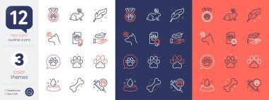 Köpek yarışması, köpek aşısı ve tüy çizgisi simgeleri. Veteriner kliniği, hayvan bakımı, hayvan dostu ikonlar dahil. Hafif sıklet, su kabı, hayvan test edilmiş ağ elementleri. Kazanan madalya. Vektör