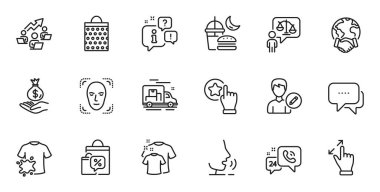 Yüz tanıma, dokunmatik ekran jesti ve web uygulaması için 24 saat hizmet satırı simgeleri. Konuşma, bilgi, teslimat kamyonu taslak ikonu. Vektör