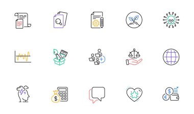 Web sitesi, yazdırma için denetleme, başlatma ve fırçalama satırı simgeleri. Konuşma balonu koleksiyonu, belgeleme, belge simgeleri. Ekip ekle, siber saldırı, hesap makinesi web elementleri. Küre. Vektör