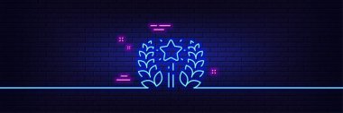 Neon ışık efekti. Sıralama simgesi. Laurel çelenk yıldızı burcu. En iyi rütbe sembolü. 3D çizgi neon ışıklı ikon. Tuğla duvar afişi. Sıralama ana hatları. Vektör