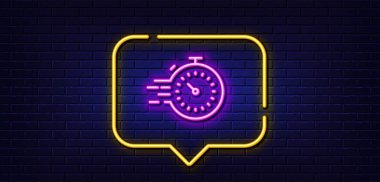 Neon light speech bubble. Timer line icon. Time management sign. Stopwatch symbol. Neon light background. Timer glow line. Brick wall banner. Vector