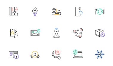 Tıbbi analizler, Doktor ve Smartphone kurtarma hattı ikonları web sitesi, baskı için. Temassız ödeme tahsilatı, Kılavuz, iş hedefleme ikonları. En sevdiği uygulama, bilgisayar parmak izi. Vektör